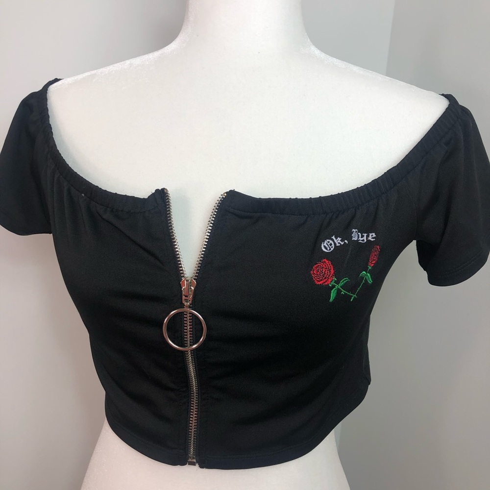 Black Crop Top with Embroidered Red Roses Small